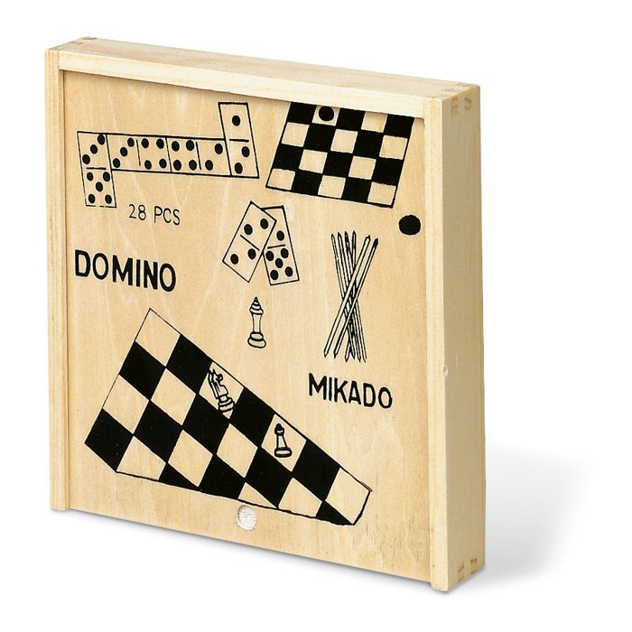 4 juegos en caja de madera, madera